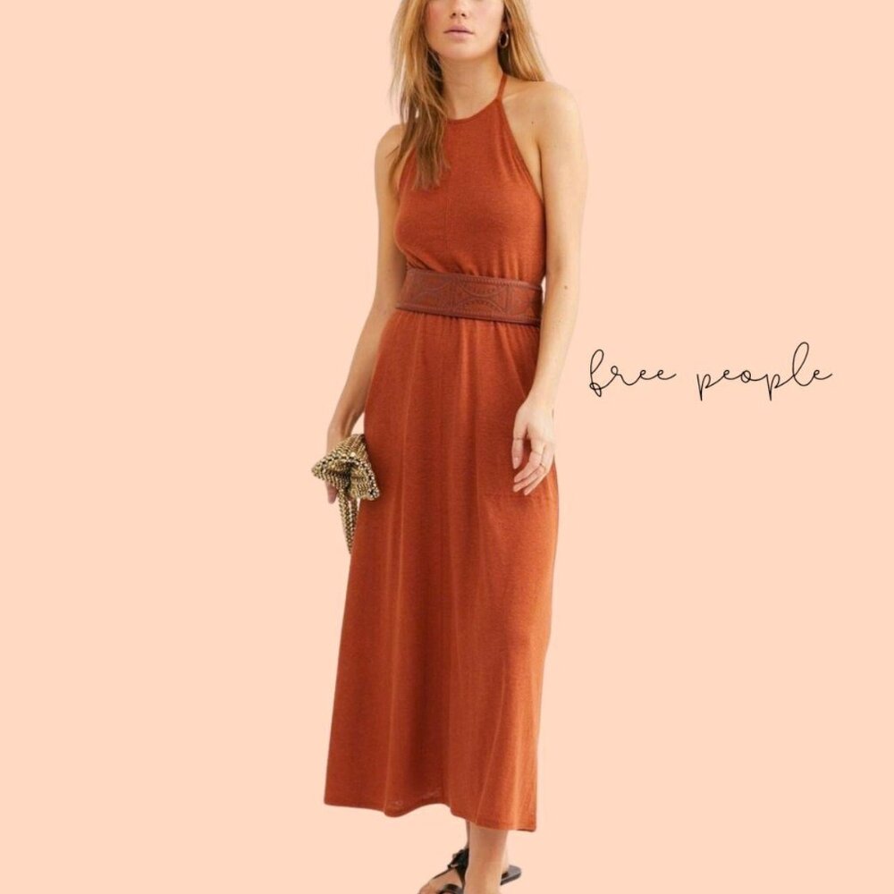 Free People Women's Burnt Orange Halter Tie Back Dress